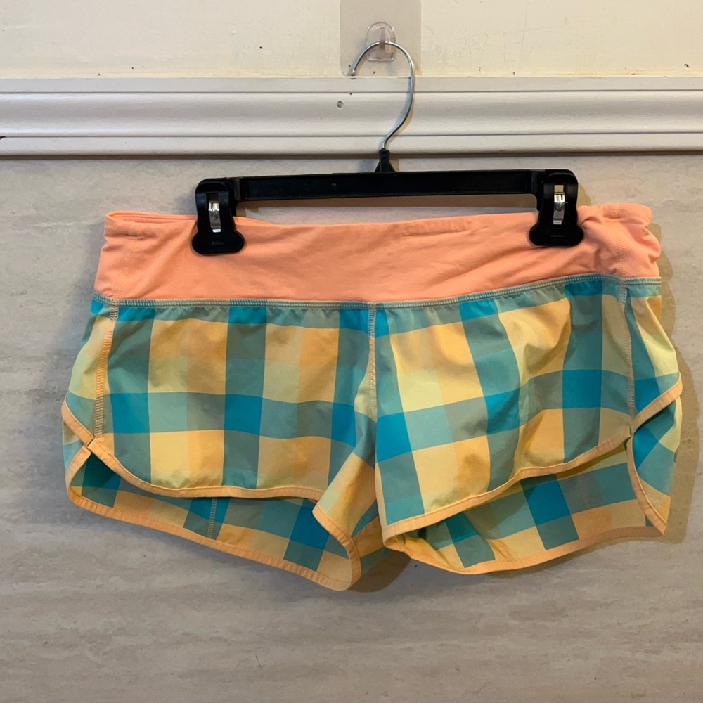 Lululemon Run: Speed Shorts in the "Tang Light Lagoon Check" Plaid Pattern